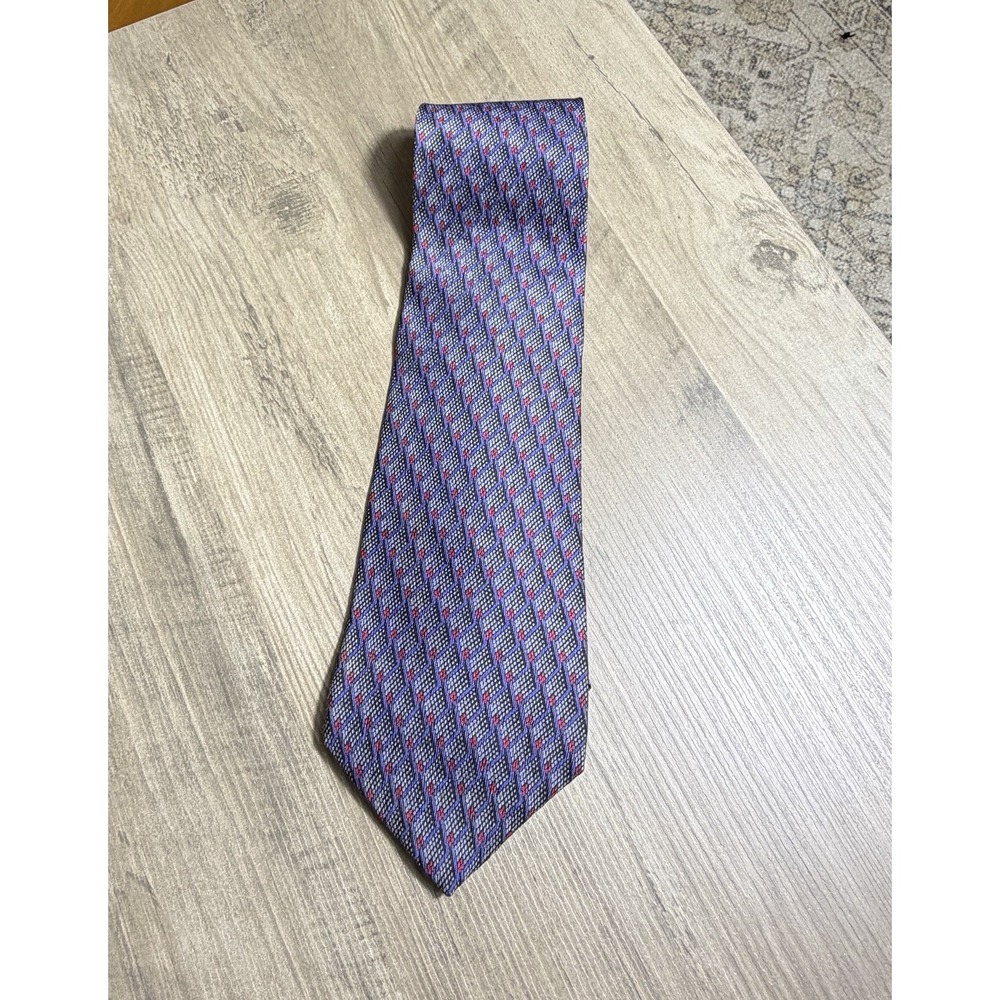 Paco Rabanne Paris Silk Tie Blue Red Geometric Diamond Pattern Designer Mens